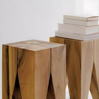 Natural Square Pine Wood Short End Table with Abstract Base