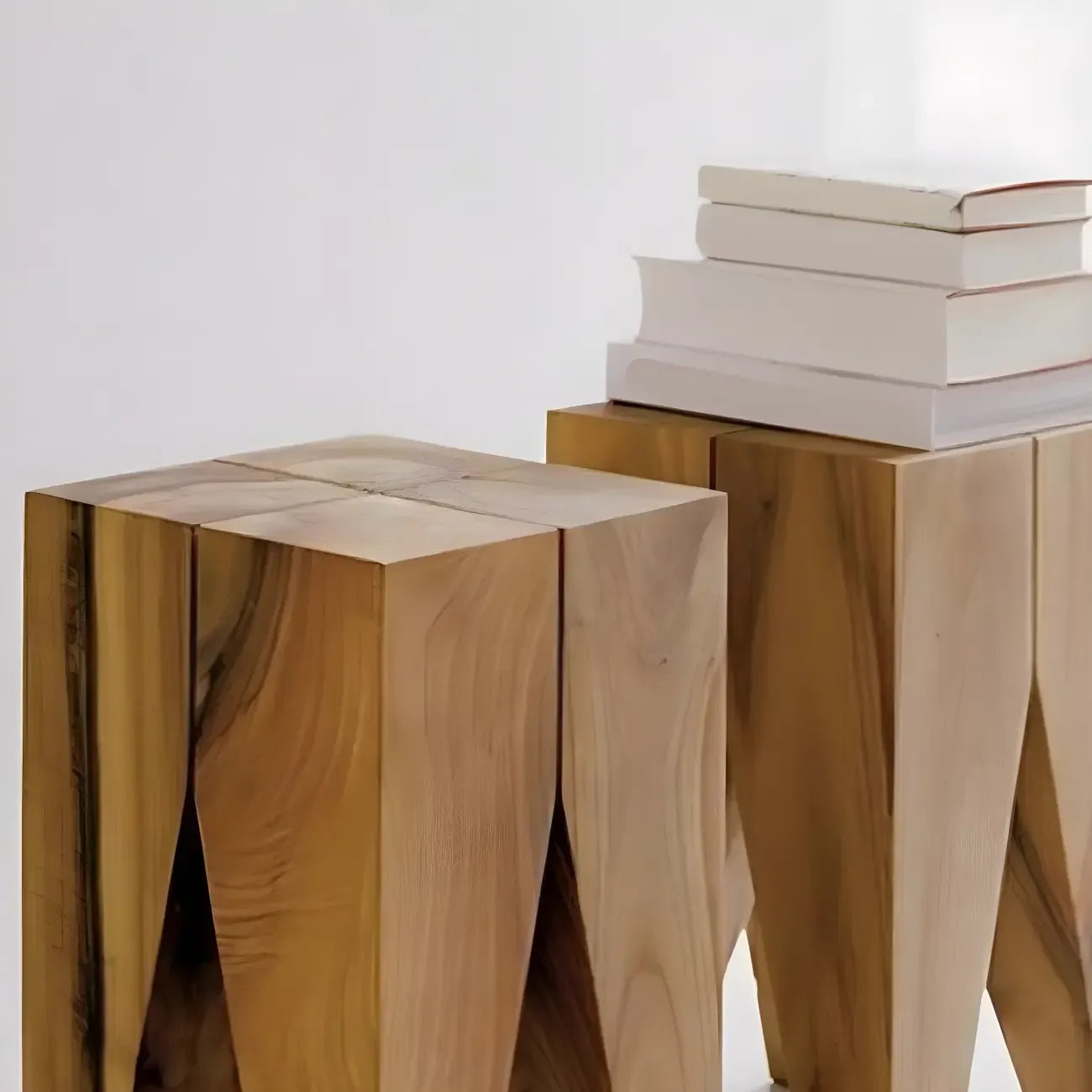 Natural Square Pine Wood Short End Table with Abstract Base