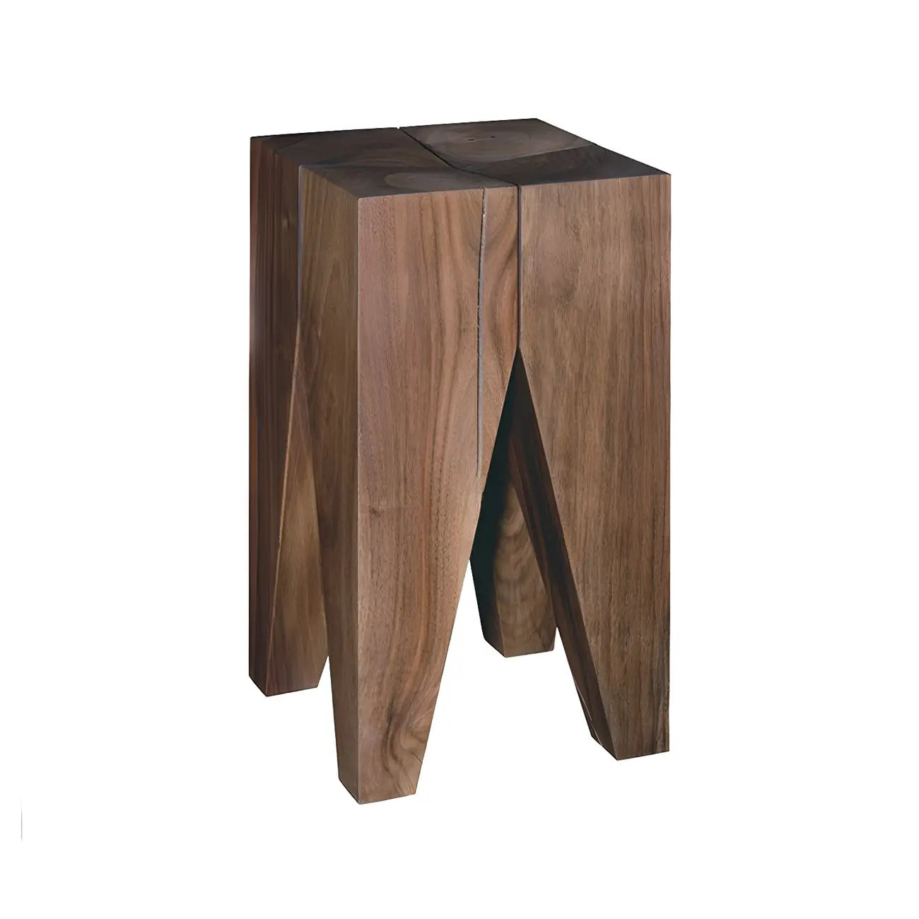 Natural Square Pine Wood Short End Table with Abstract Base