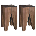 Natural Square Pine Wood Short End Table with Abstract Base