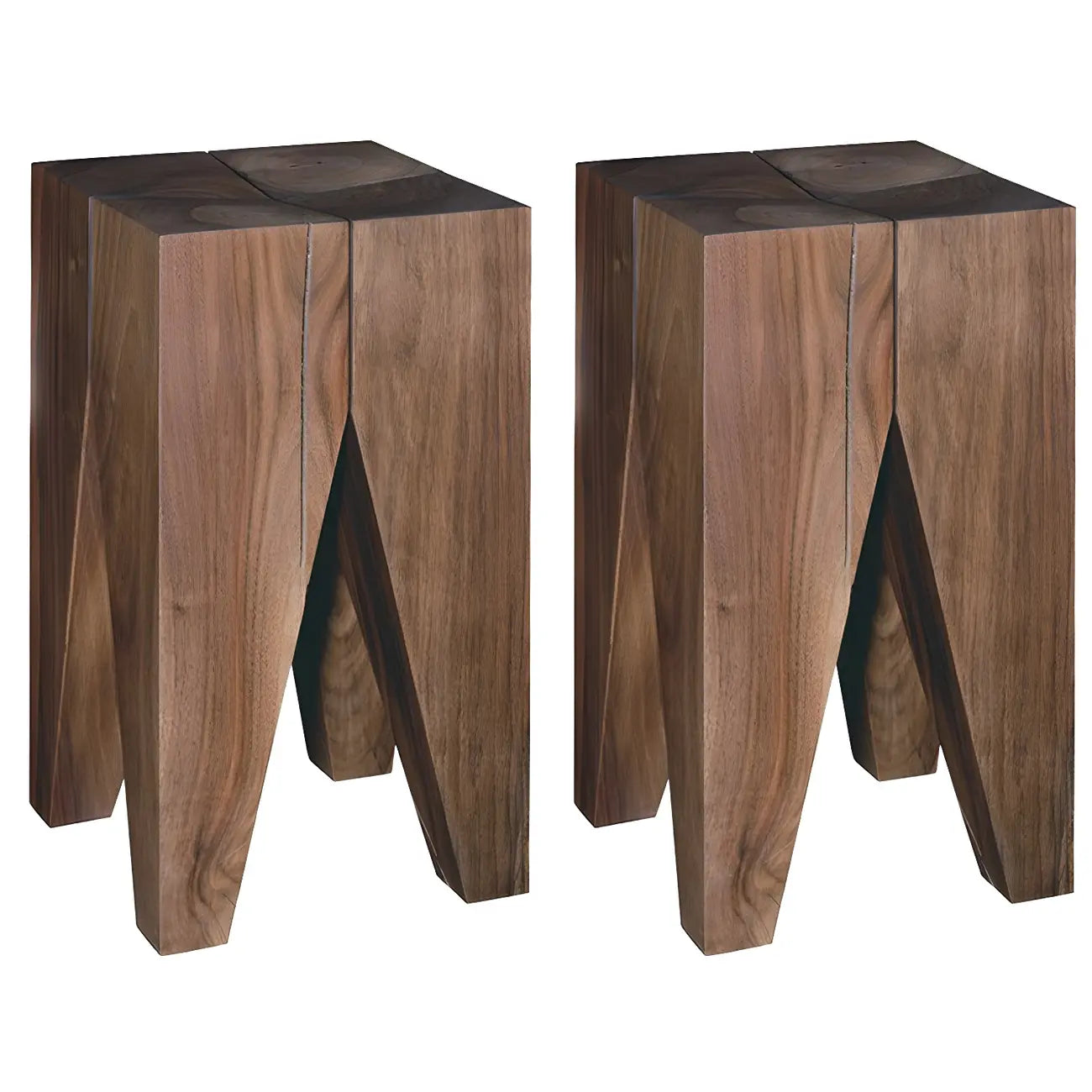 Natural Square Pine Wood Short End Table with Abstract Base