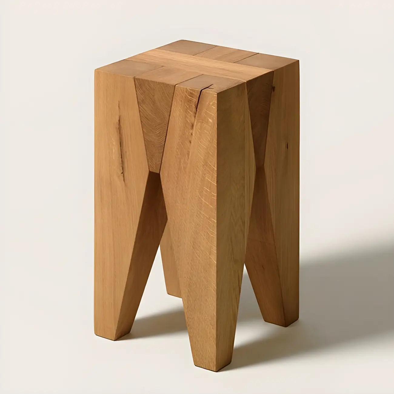 Natural Square Pine Wood Short End Table with Abstract Base
