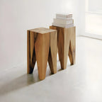 Natural Square Pine Wood Short End Table with Abstract Base