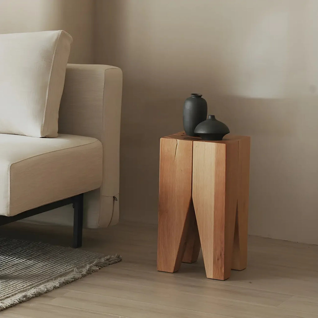 Natural Square Pine Wood Short End Table with Abstract Base