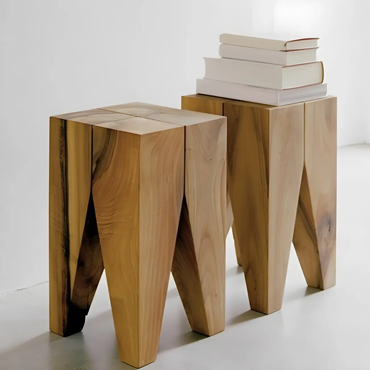 Natural Square Pine Wood Short End Table with Abstract Base