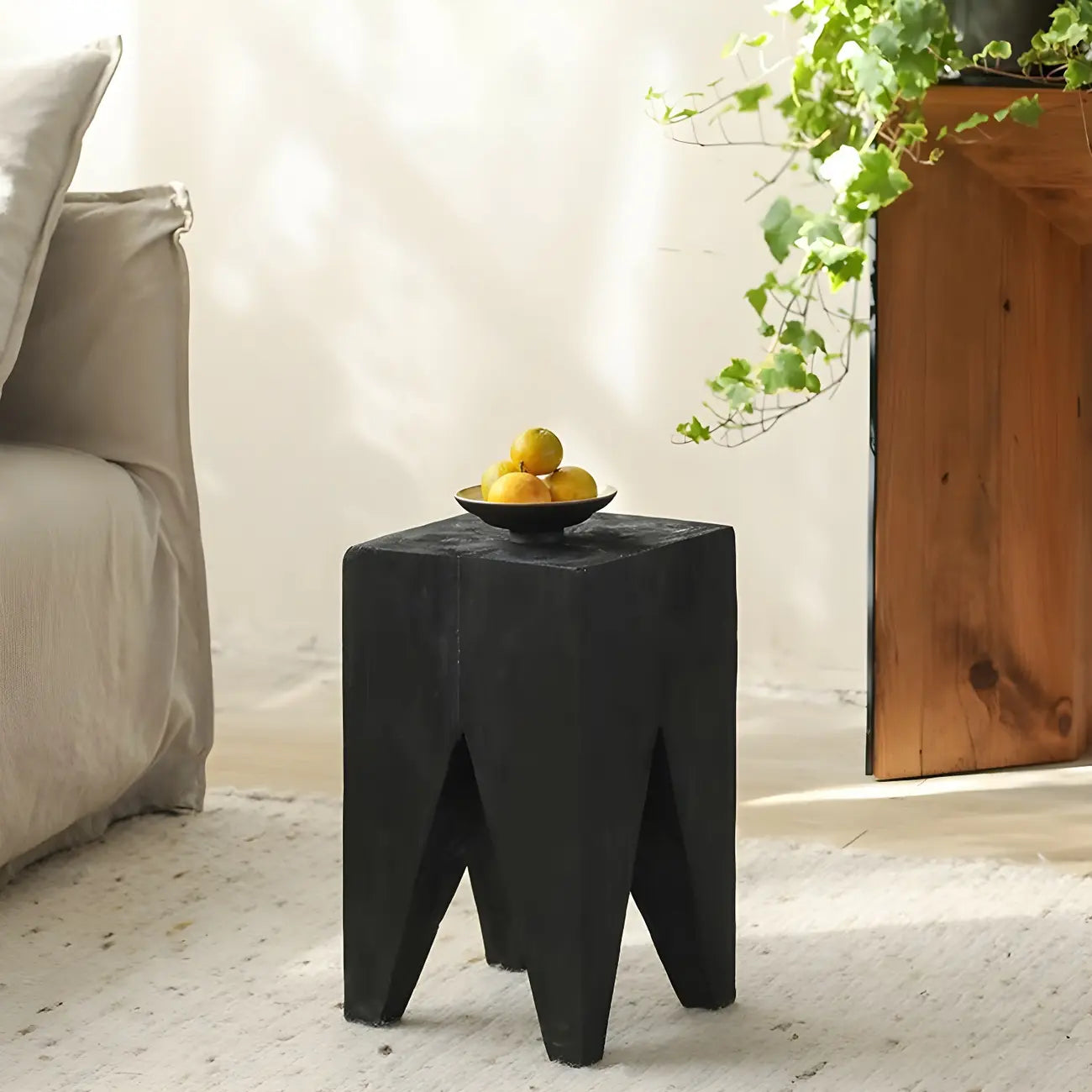 Natural Square Pine Wood Short End Table with Abstract Base