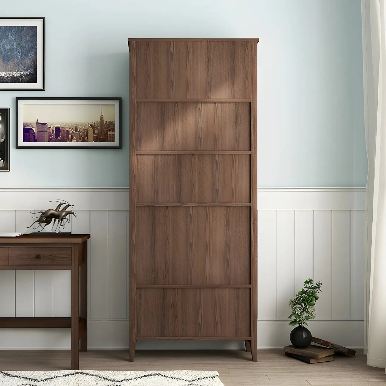 Modern Wooden Bookcase with Adjustable Shelves and Drawers