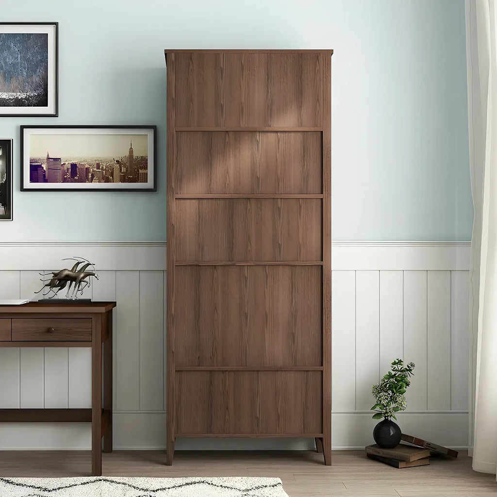 Modern Wooden Bookcase with Adjustable Shelves and Drawers