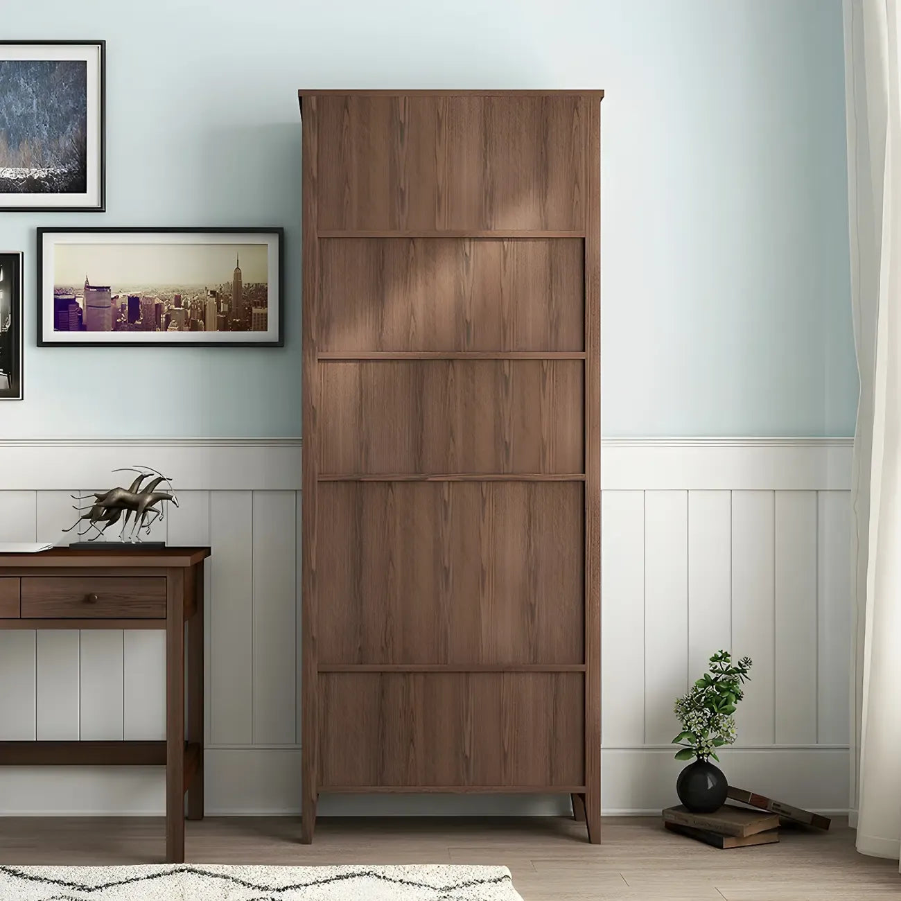 Modern Wooden Bookcase with Adjustable Shelves and Drawers