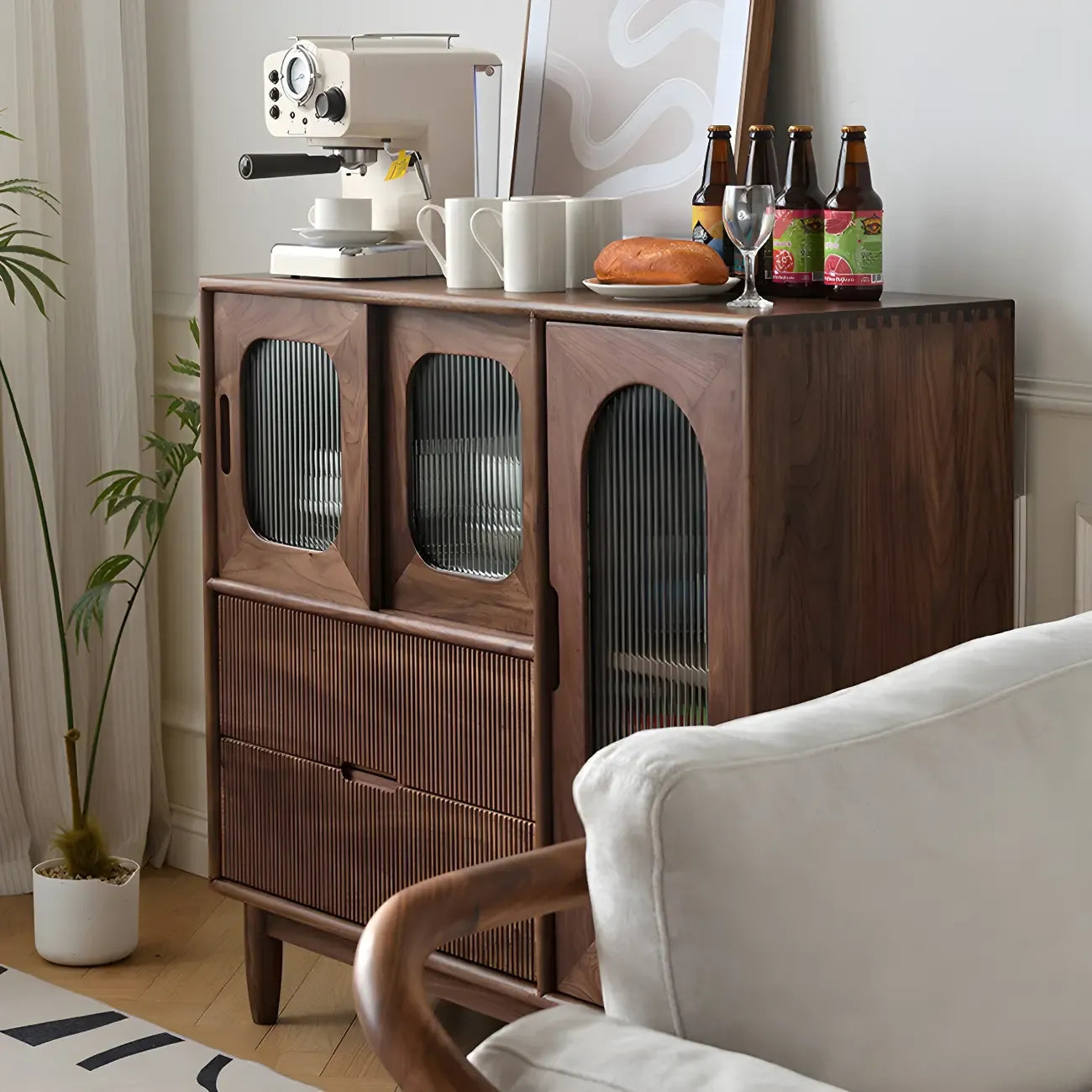 Walnut Wood Bottom Drawer Adjustable China Cabinet