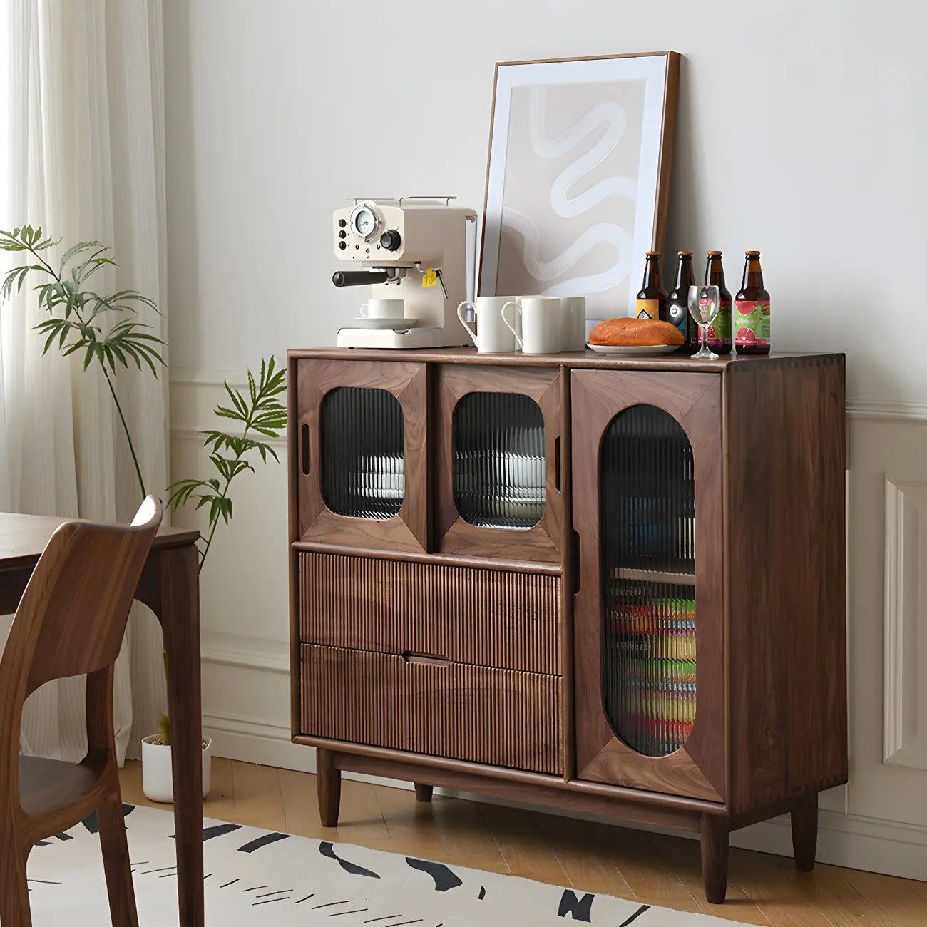 Walnut Wood Bottom Drawer Adjustable China Cabinet