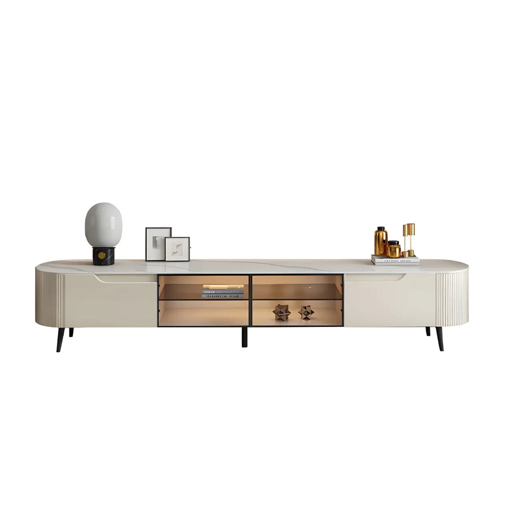 71 Beige Wood Glass Door TV Stand with Shelf & Drawers
