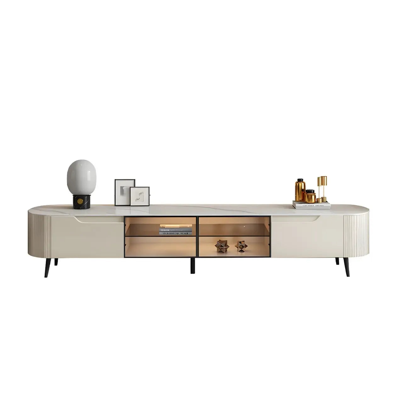 71 Beige Wood Glass Door TV Stand with Shelf & Drawers