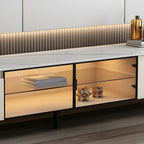 71 Beige Wood Glass Door TV Stand with Shelf & Drawers
