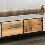 71 Beige Wood Glass Door TV Stand with Shelf & Drawers