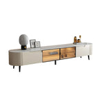 71 Beige Wood Glass Door TV Stand with Shelf & Drawers