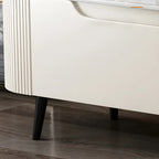 71 Beige Wood Glass Door TV Stand with Shelf & Drawers
