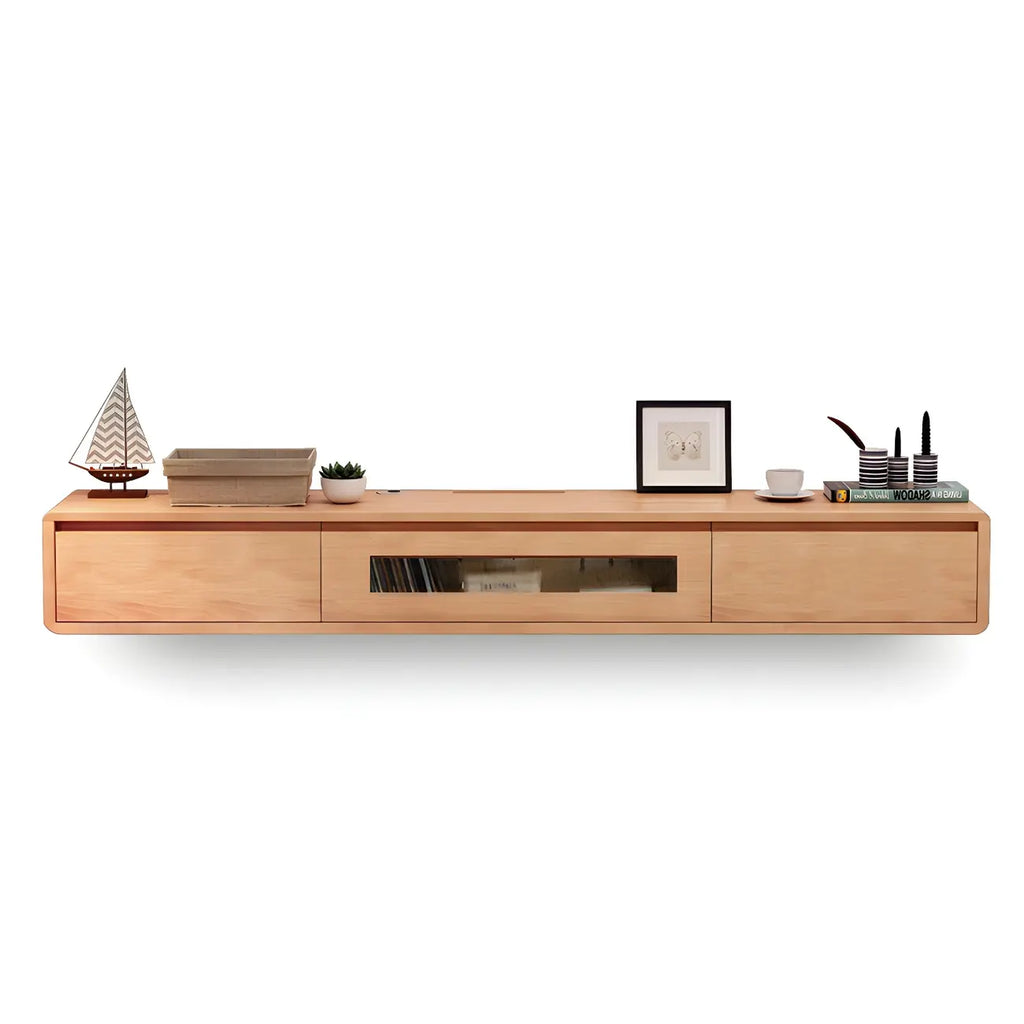 63 Natural Rubberwood Floating TV Stand with Hidden Storage