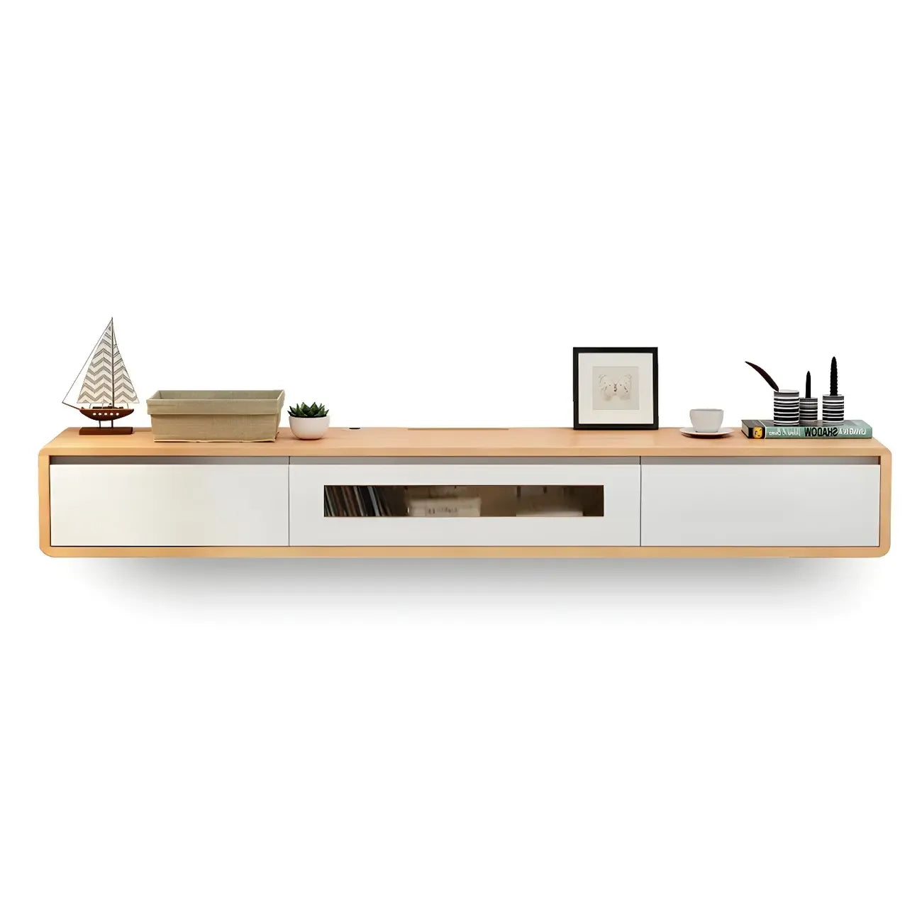 63 Natural Rubberwood Floating TV Stand with Hidden Storage
