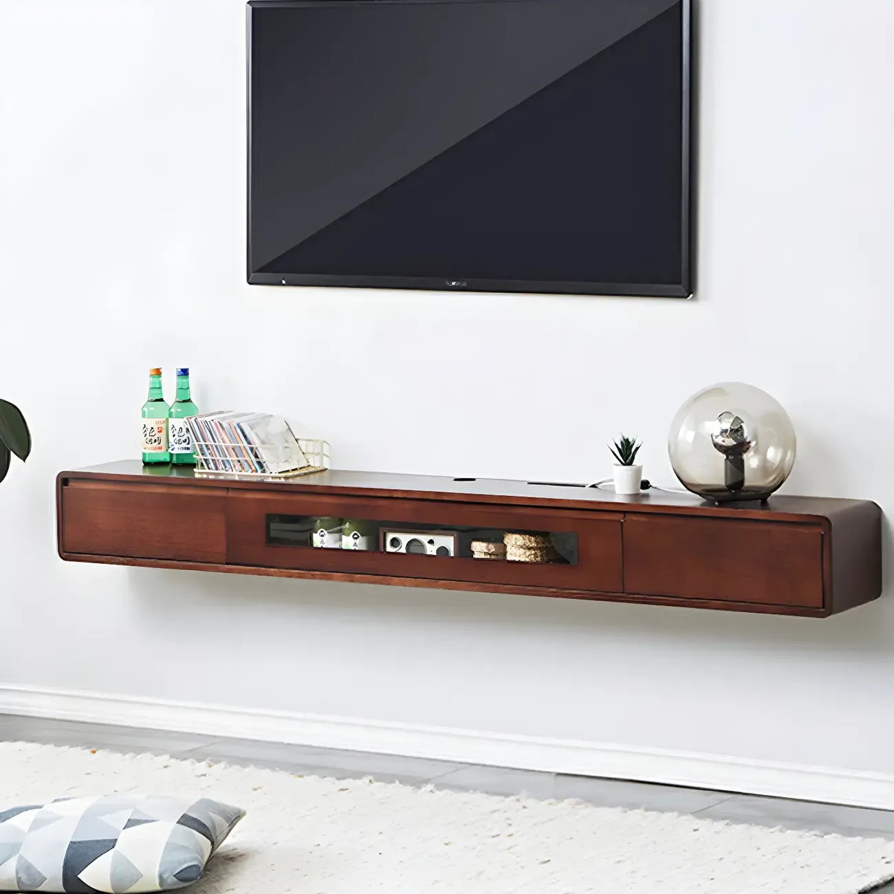 63 Natural Rubberwood Floating TV Stand with Hidden Storage