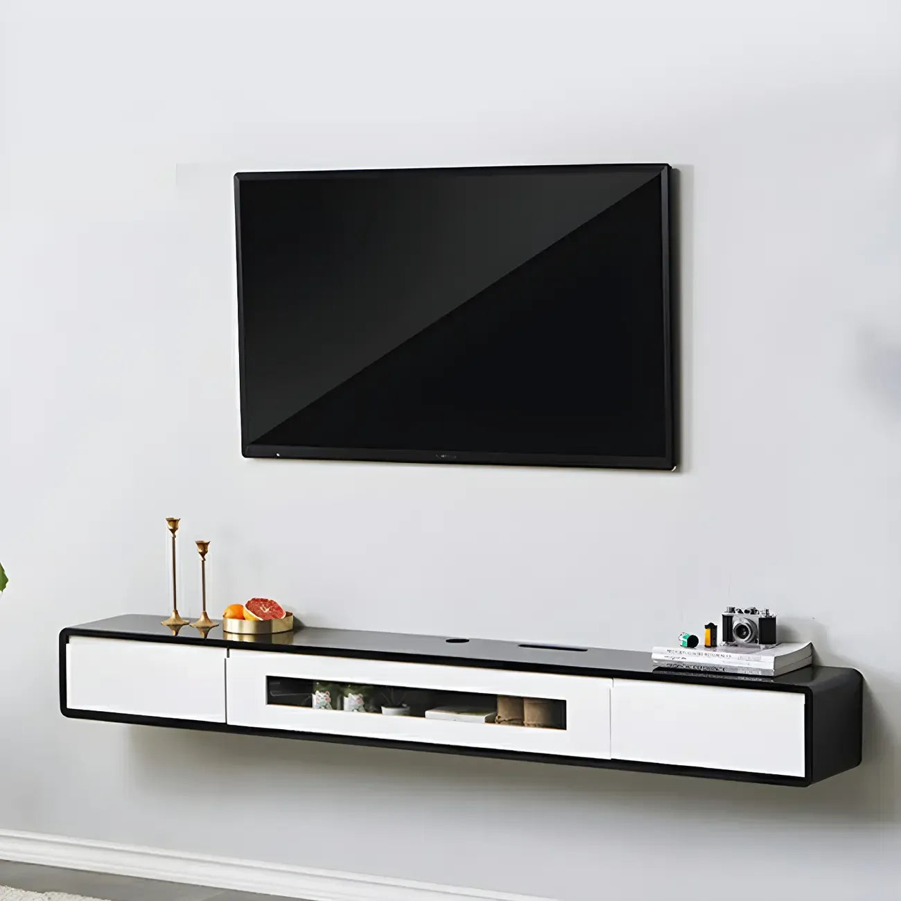 63 Natural Rubberwood Floating TV Stand with Hidden Storage