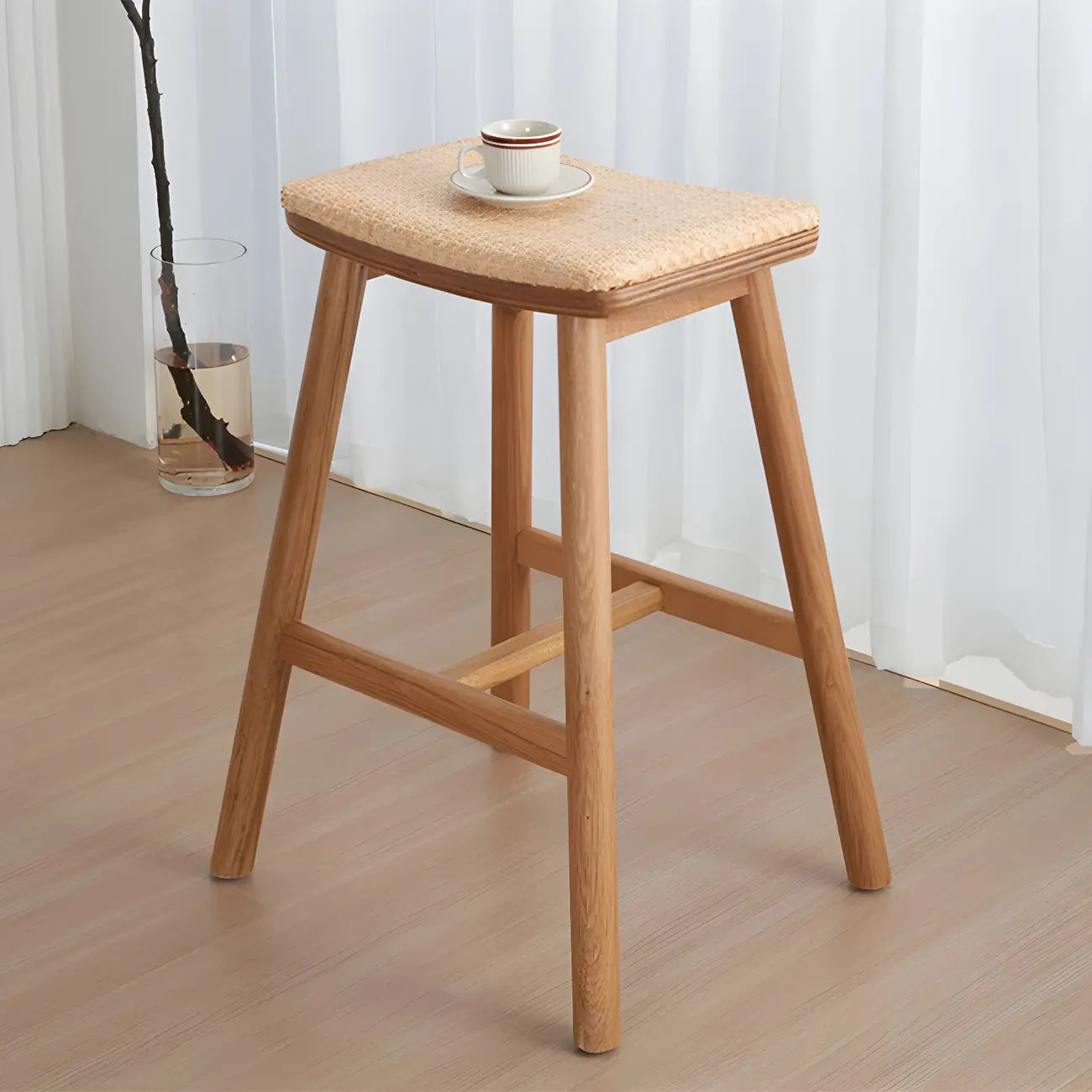 Brown Oak Wood  Ratten Seat Backless Counter Bar Stools