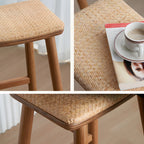 Brown Oak Wood  Ratten Seat Backless Counter Bar Stools