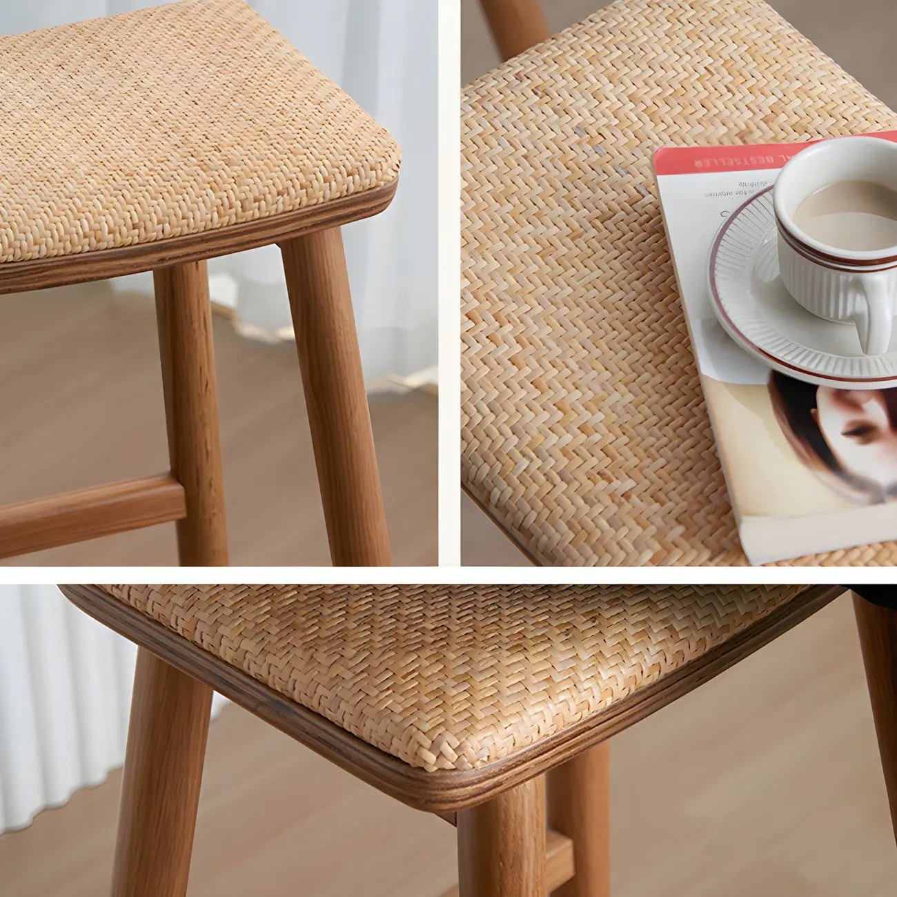 Brown Oak Wood  Ratten Seat Backless Counter Bar Stools