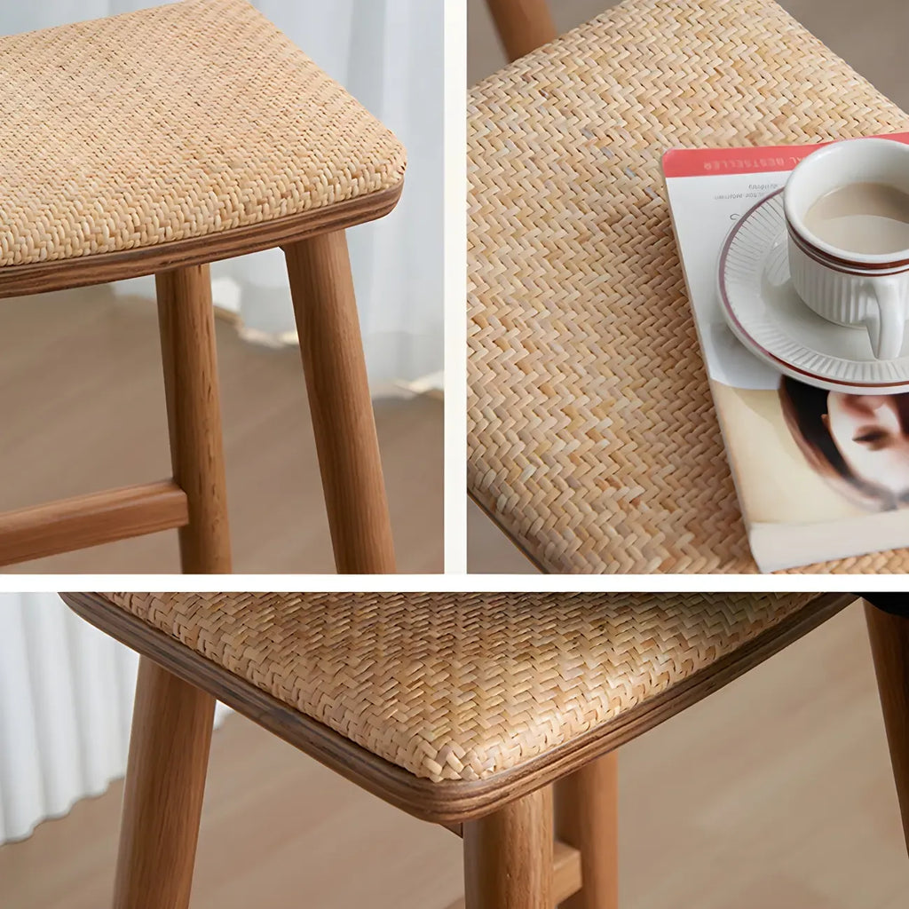 Brown Oak Wood  Ratten Seat Backless Counter Bar Stools