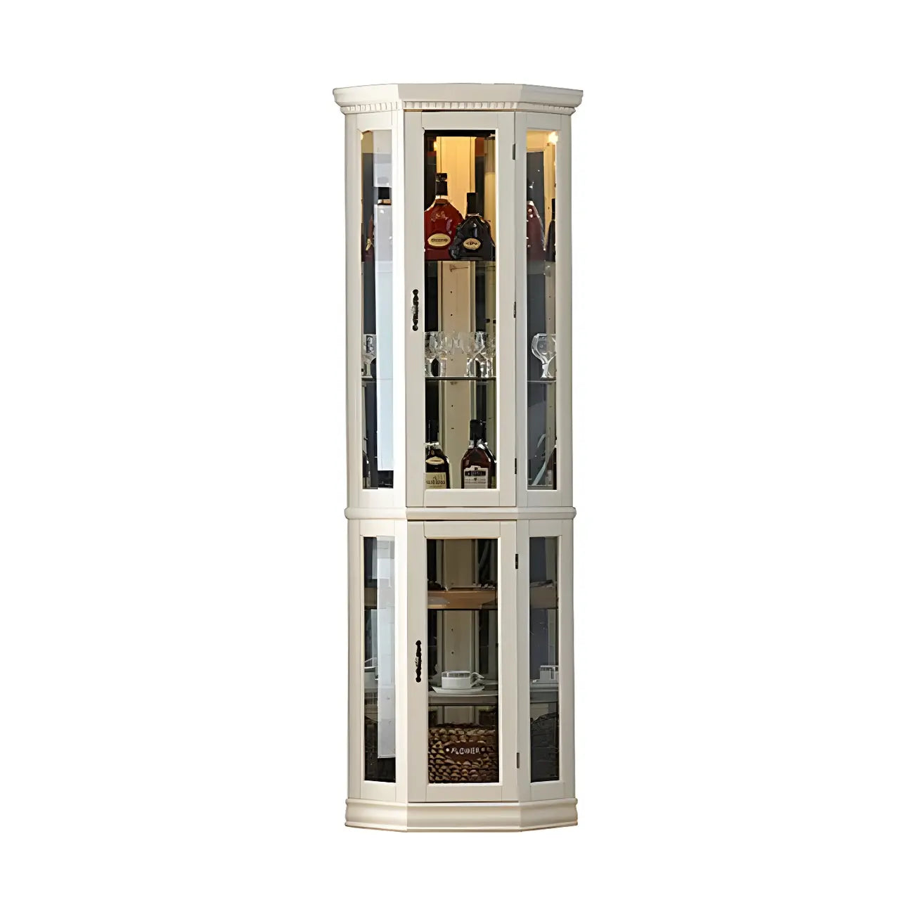 Classic White Wood Glass Display 5-Shelf Corner Cabinet