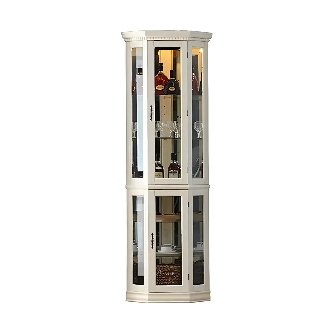 Classic White Wood Glass Display 5-Shelf Corner Cabinet