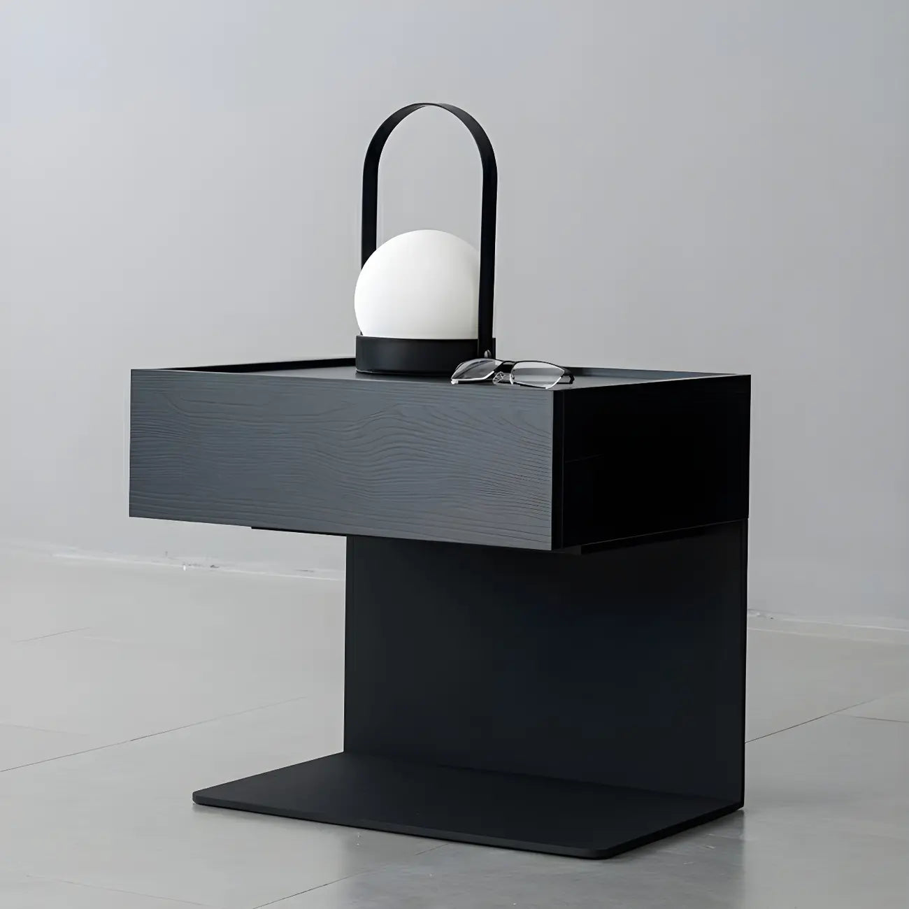 Black Steel Wood C-Shaped Drawer Nightstand with Light