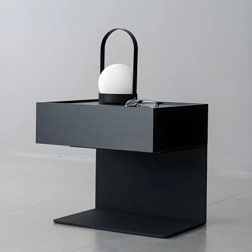 Black Steel Wood C-Shaped Drawer Nightstand with Light