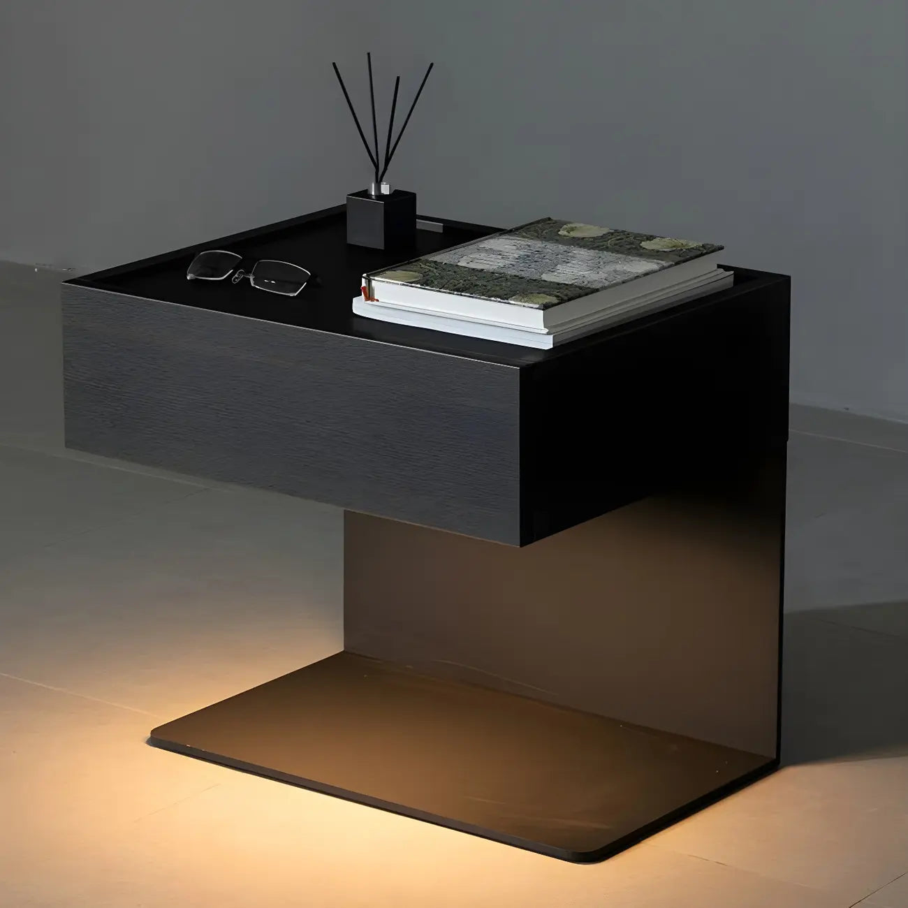 Black Steel Wood C-Shaped Drawer Nightstand with Light