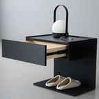 Black Steel Wood C-Shaped Drawer Nightstand with Light
