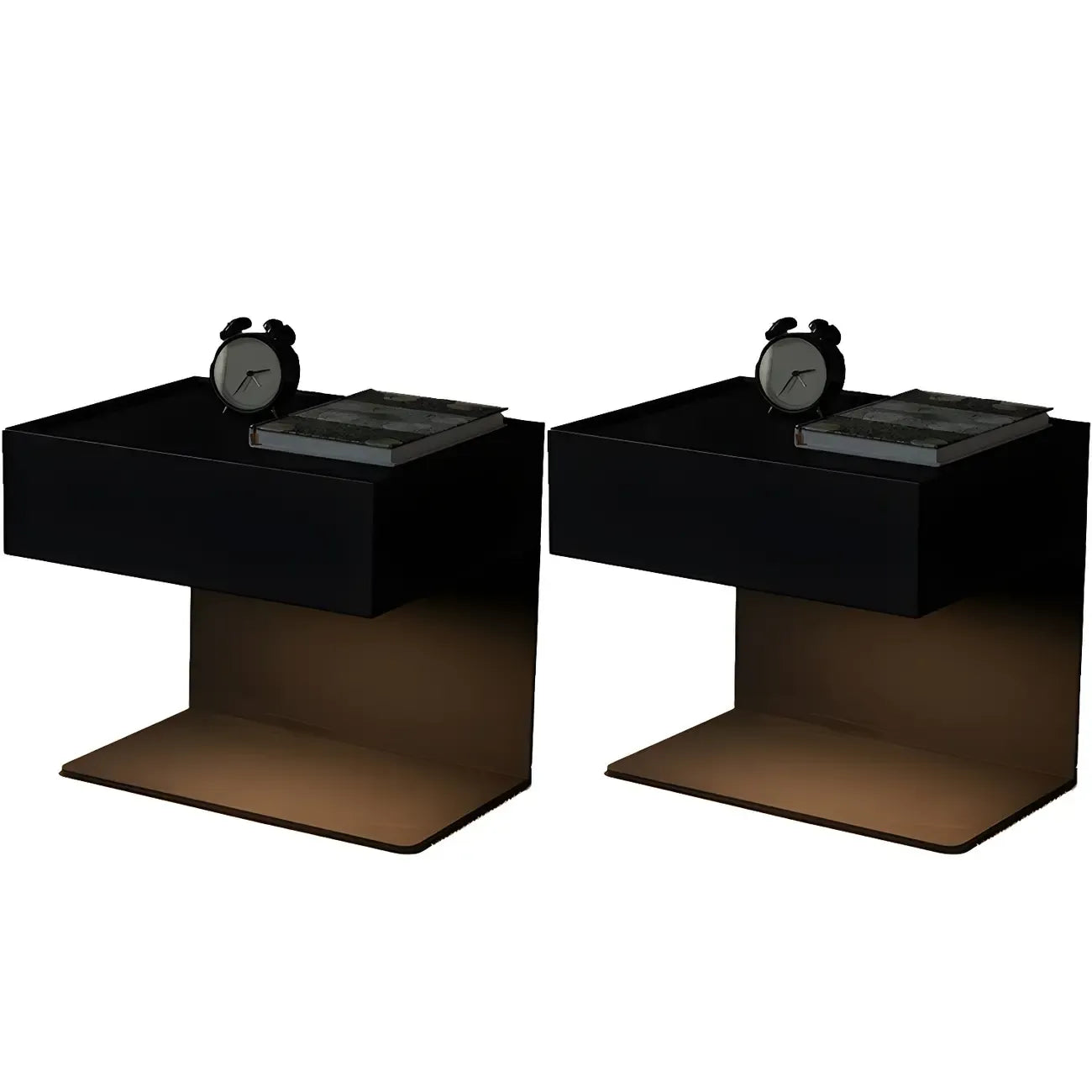 Black Steel Wood C-Shaped Drawer Nightstand with Light