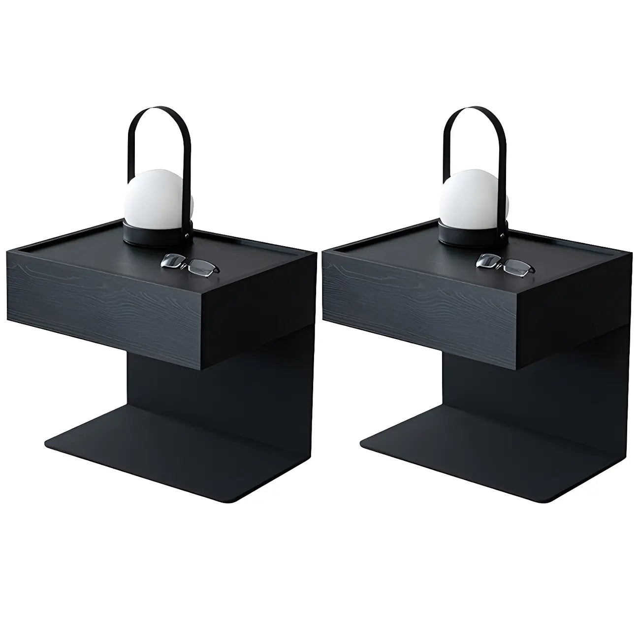Black Steel Wood C-Shaped Drawer Nightstand with Light