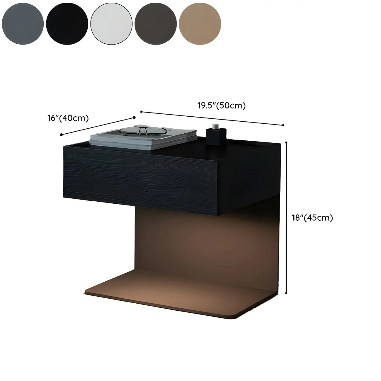 Black Steel Wood C-Shaped Drawer Nightstand with Light