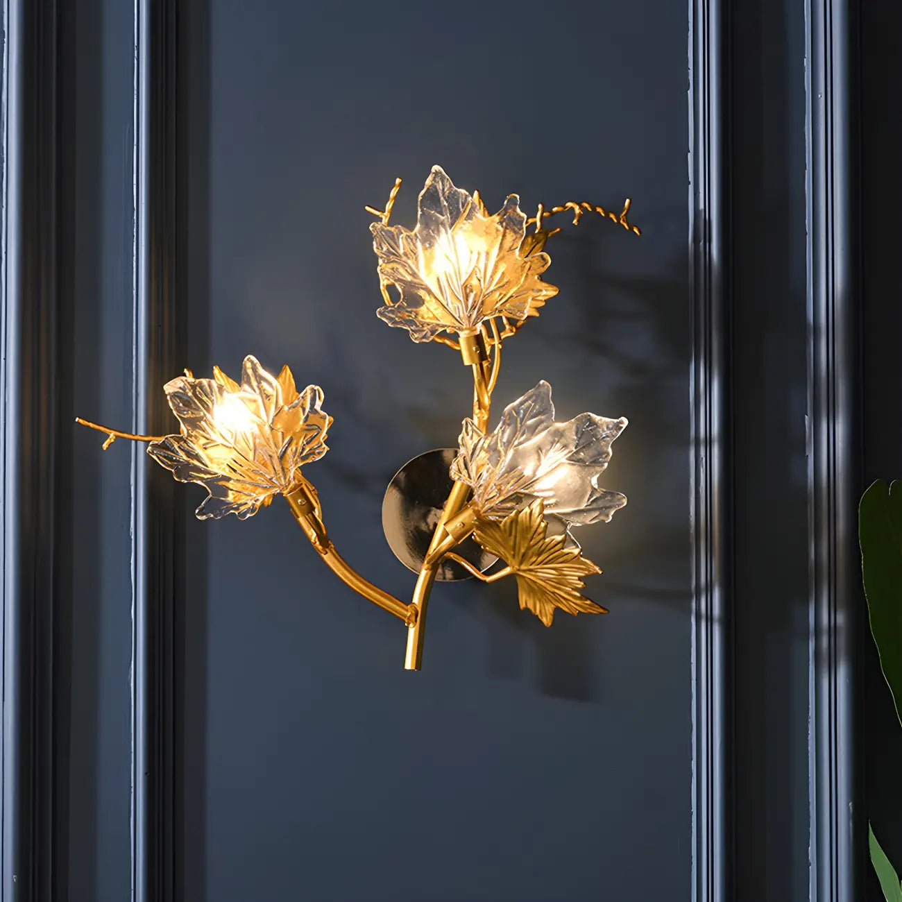3-Light Vintage Brass LED Wall Sconce with Leaf-Shaped