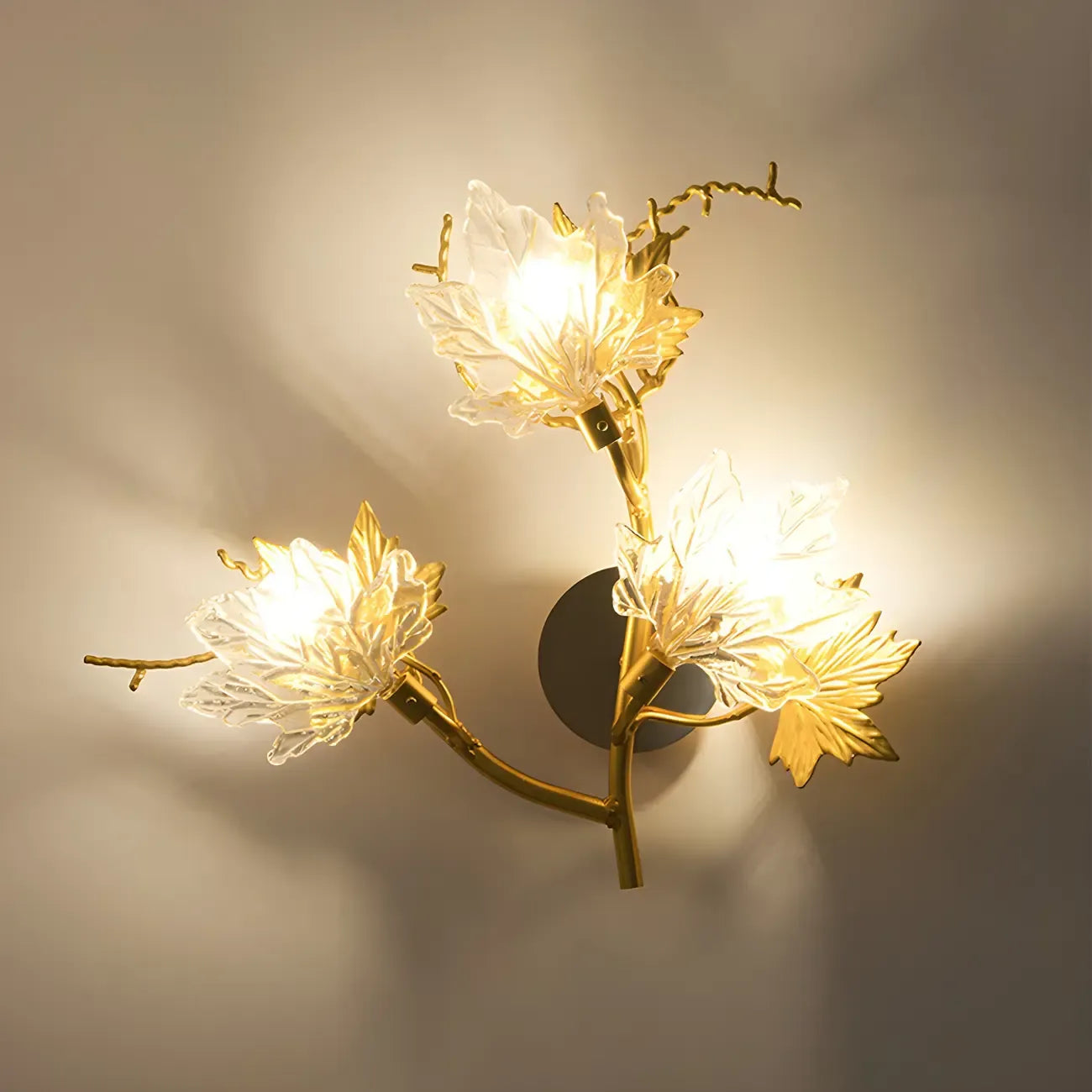3-Light Vintage Brass LED Wall Sconce with Leaf-Shaped