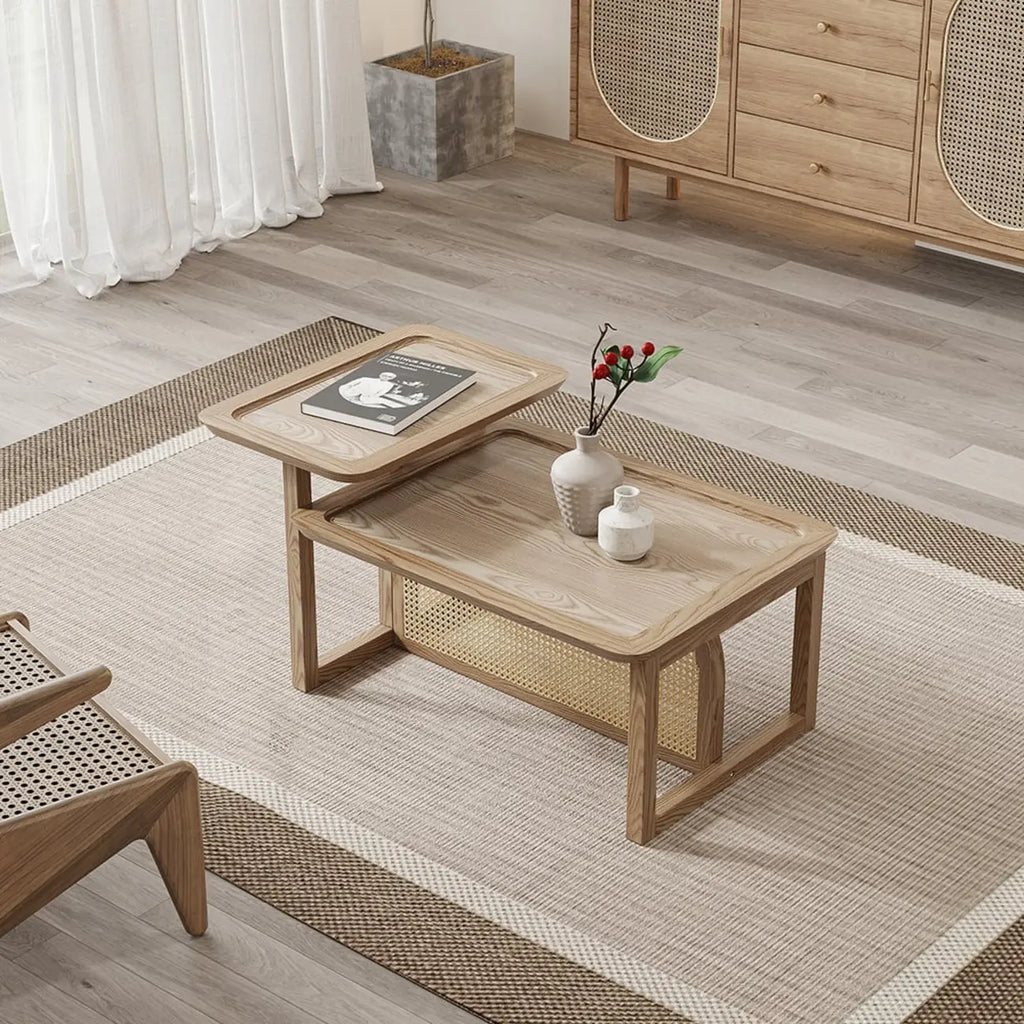 Rectangle Wooden Rattan Coffee Table Set in Natural Finish