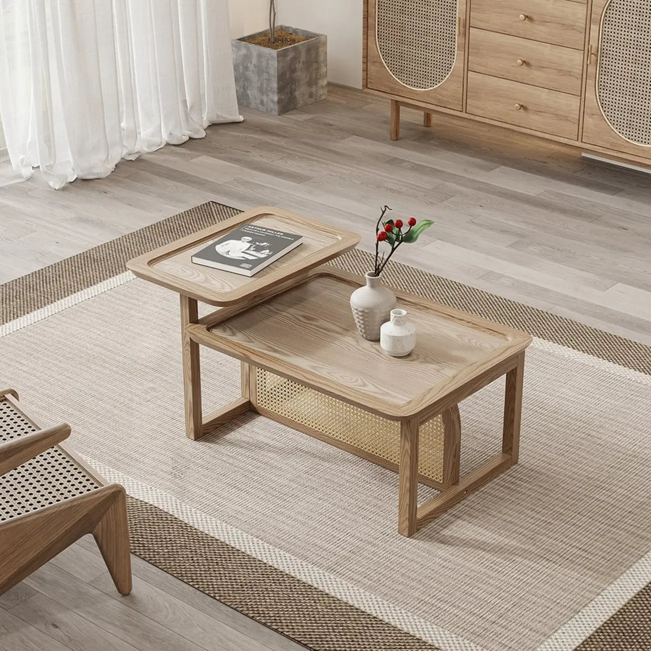 Rectangle Wooden Rattan Coffee Table Set in Natural Finish