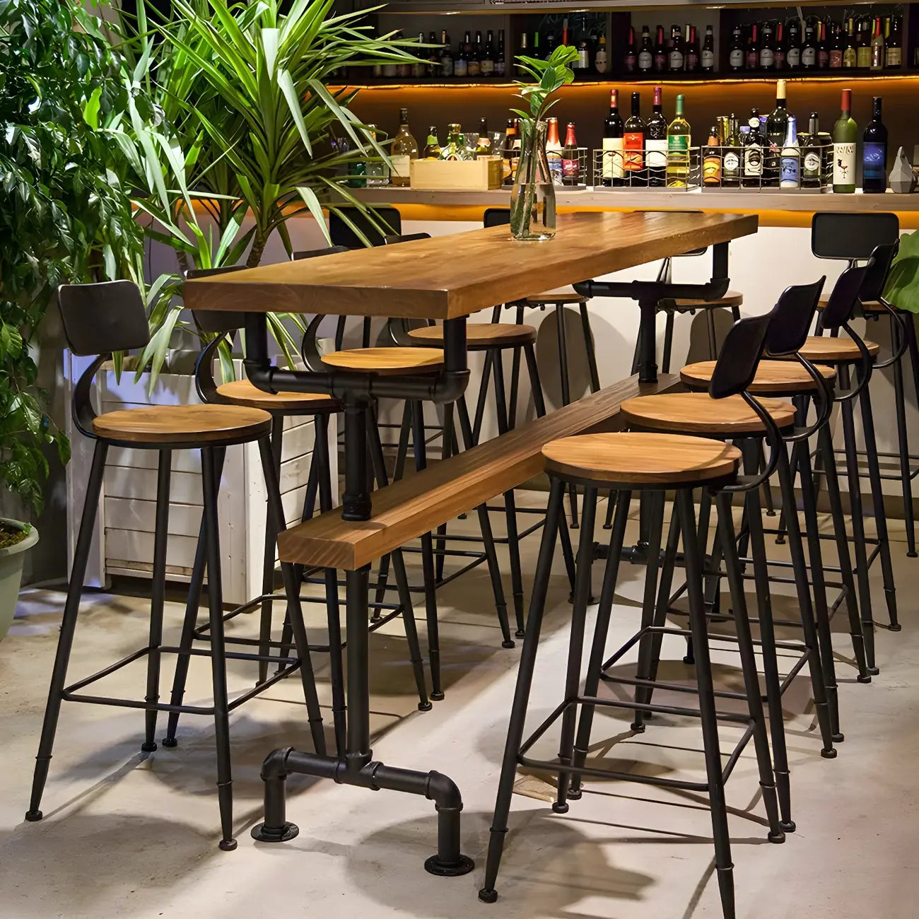 Rectangular Brown Pine Wood Bar Table with Footrest