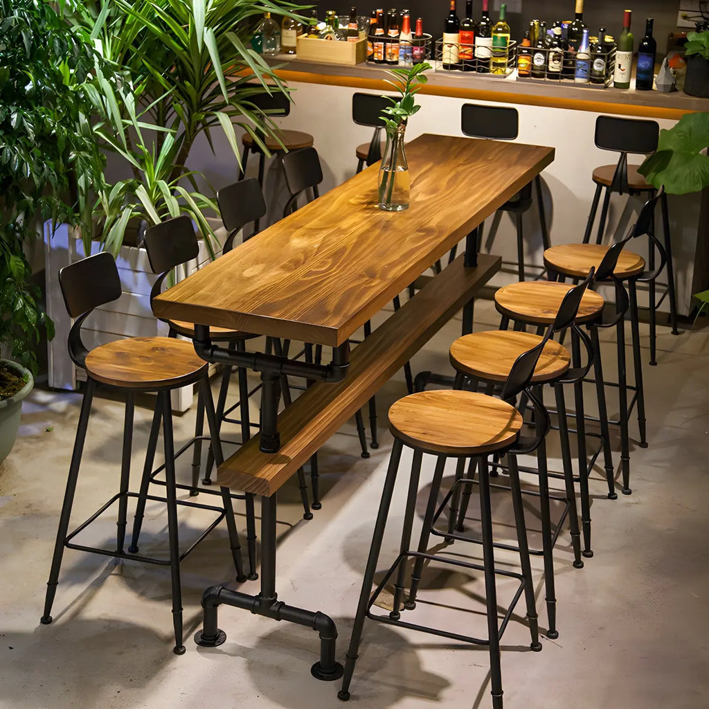 Rectangular Brown Pine Wood Bar Table with Footrest