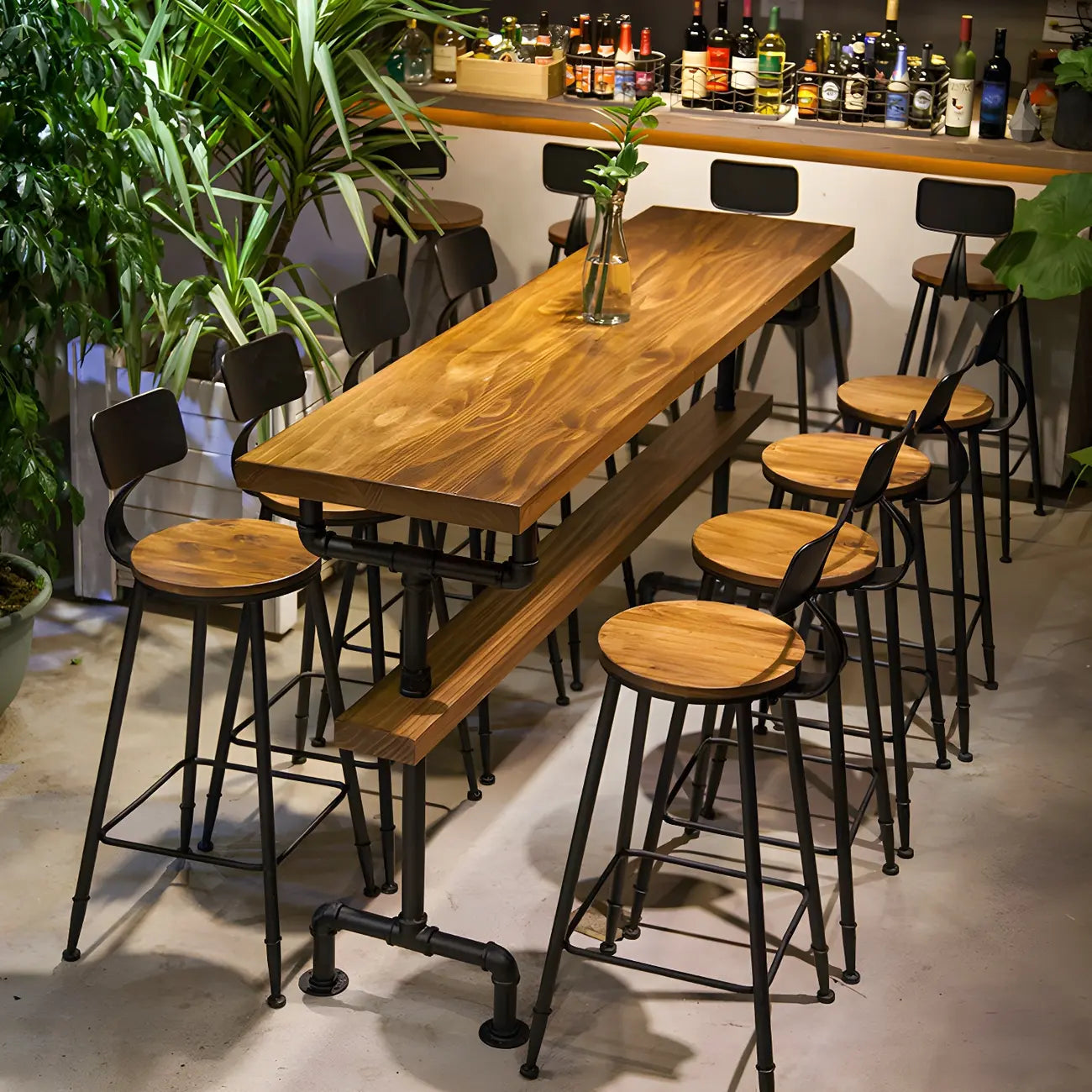 Rectangular Brown Pine Wood Bar Table with Footrest