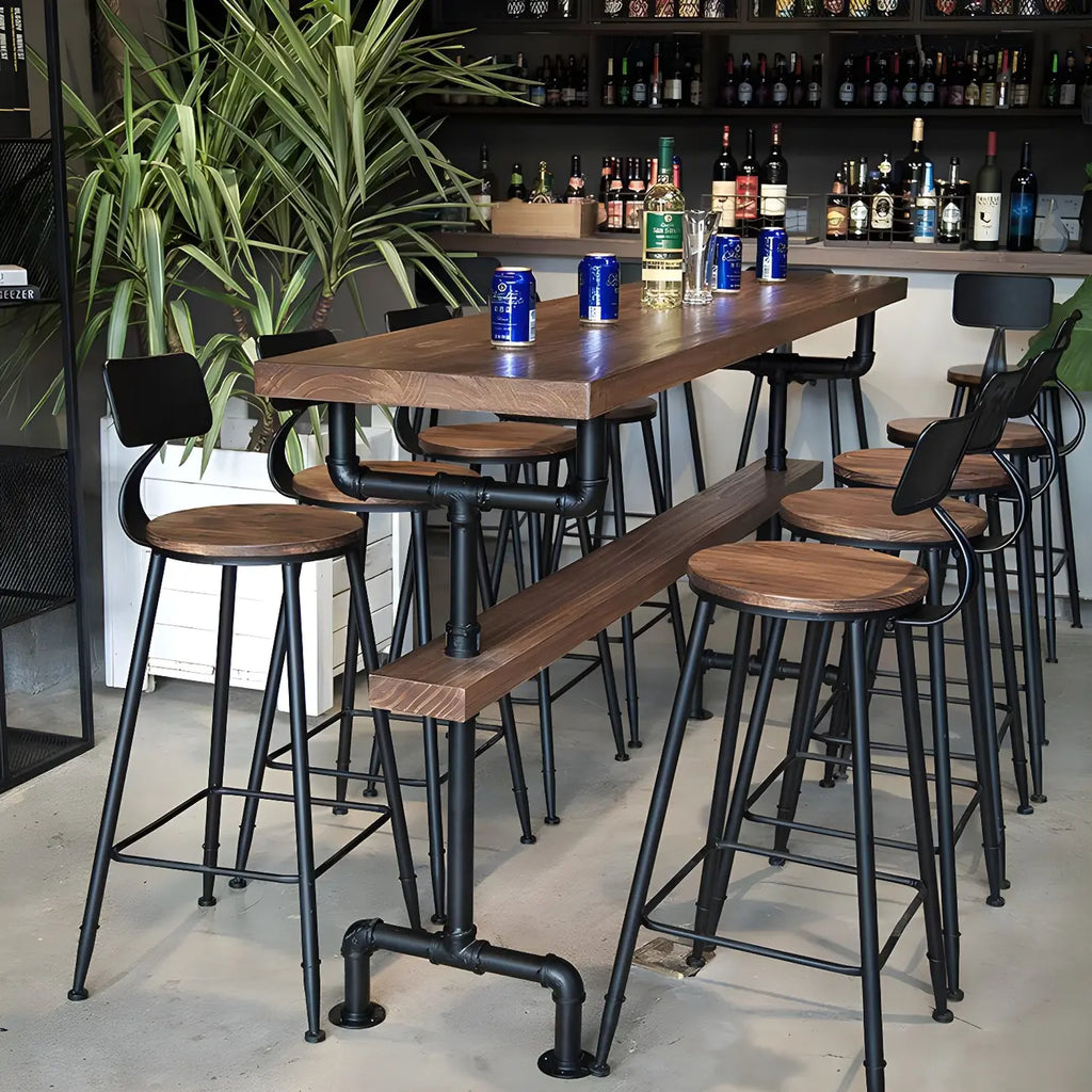 Rectangular Brown Pine Wood Bar Table with Footrest