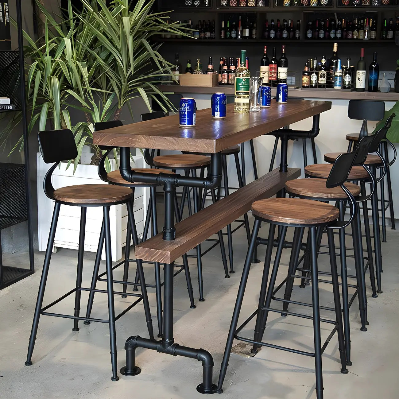 Rectangular Brown Pine Wood Bar Table with Footrest