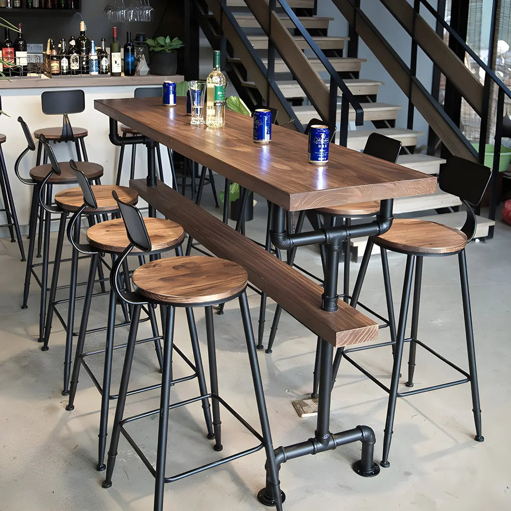 Rectangular Brown Pine Wood Bar Table with Footrest