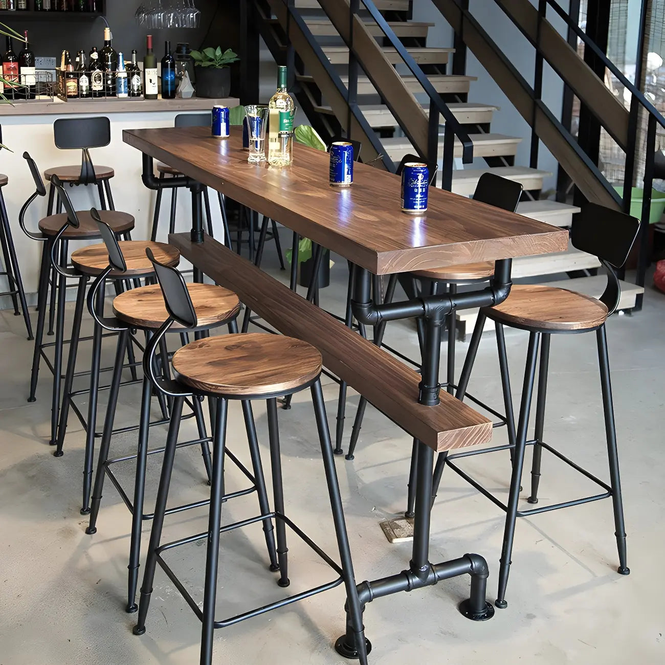 Rectangular Brown Pine Wood Bar Table with Footrest