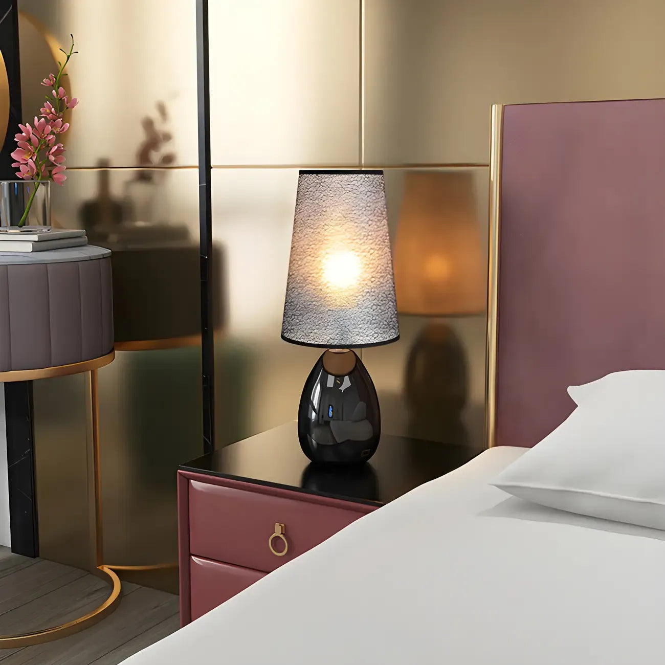 Elegant Black Fabric LED Touch Table Lamp for Bedroom